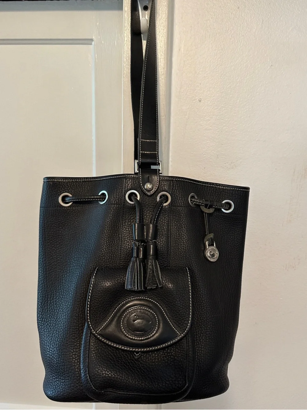 Dooney & Bourke Classic Vintage Black Leather Drawstring Sling Backpack